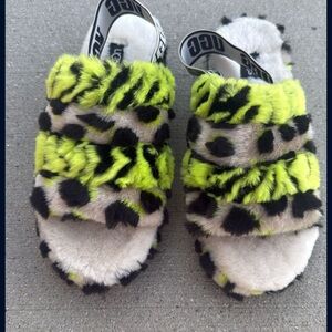 UGG Neon Yellow and Black Fuzzy Slippers